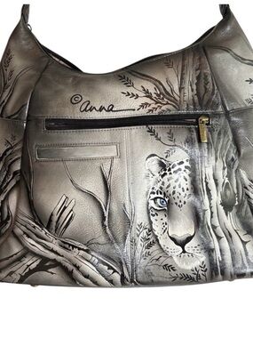 Anuschka Anna Hand-Painted Leopard Shoulder Bag in Gray. One of a kind.